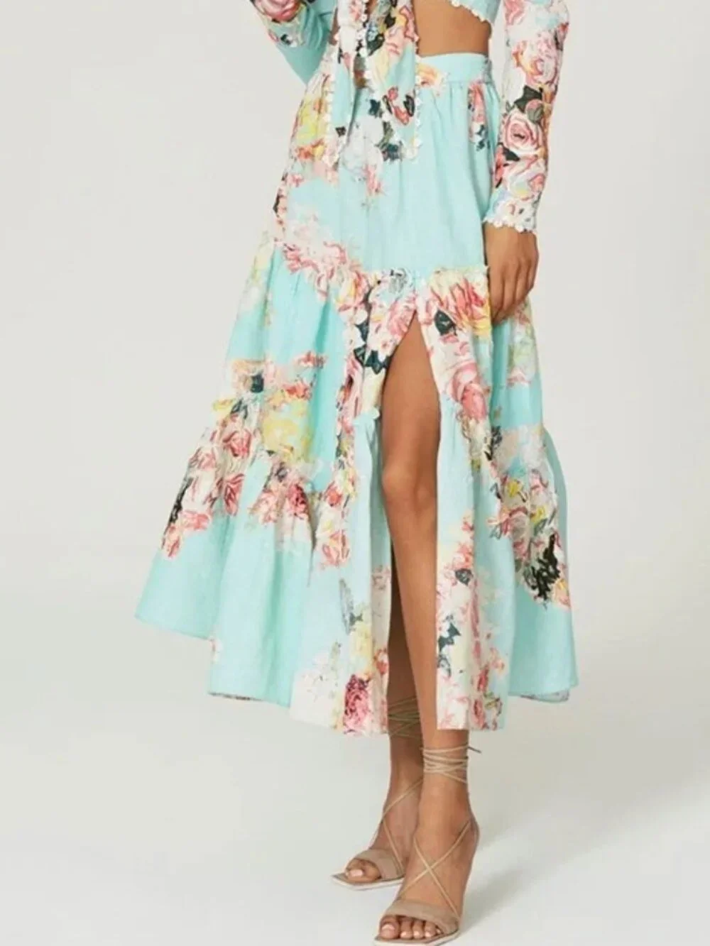 HEMANT & NANDITA SAGE Midi SKIRT Floral w/ embroidery tiered ruffle turquoise LG